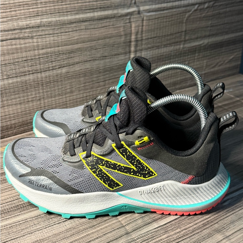 New Balance Gray, Black & Teal Trail Sneakers with Yellow Logo
